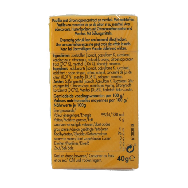 Vicks Citroen Menthol Sugar-Free Candy 40g, citrus-flavored hard candies with menthol for refreshing taste.