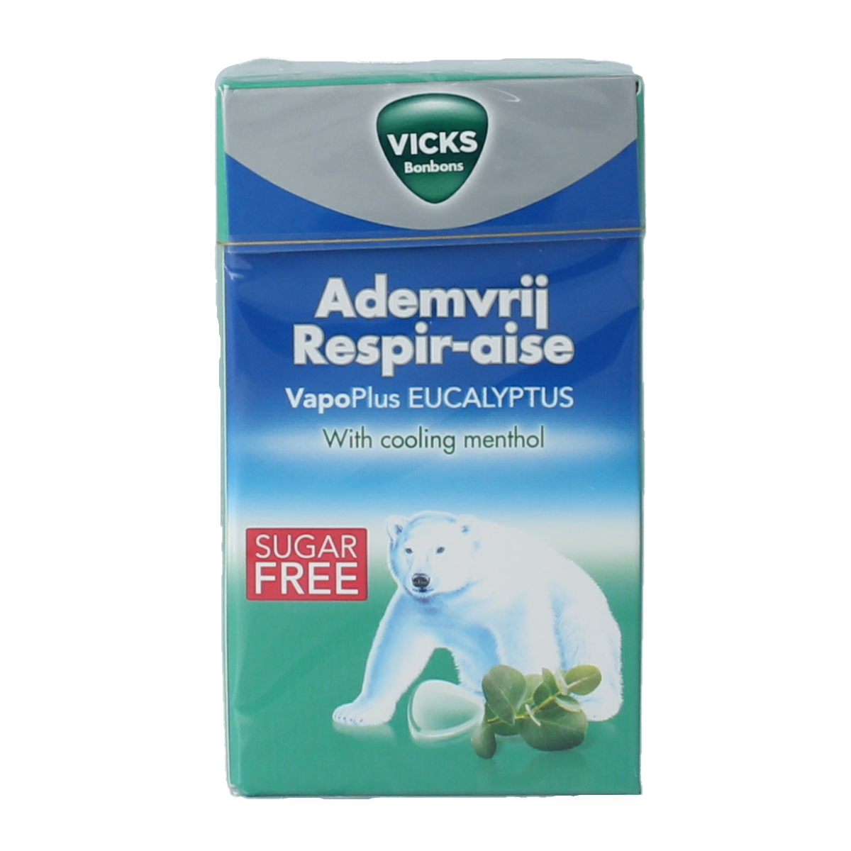 Vicks Ademvrij eucalyptus sugar-free candy pack, 40 grams, showing colorful candies in a clear wrapper.