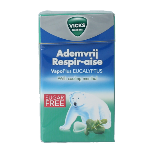 Vicks Ademvrij eucalyptus sugar-free candy pack, 40 grams, showing colorful candies in a clear wrapper.