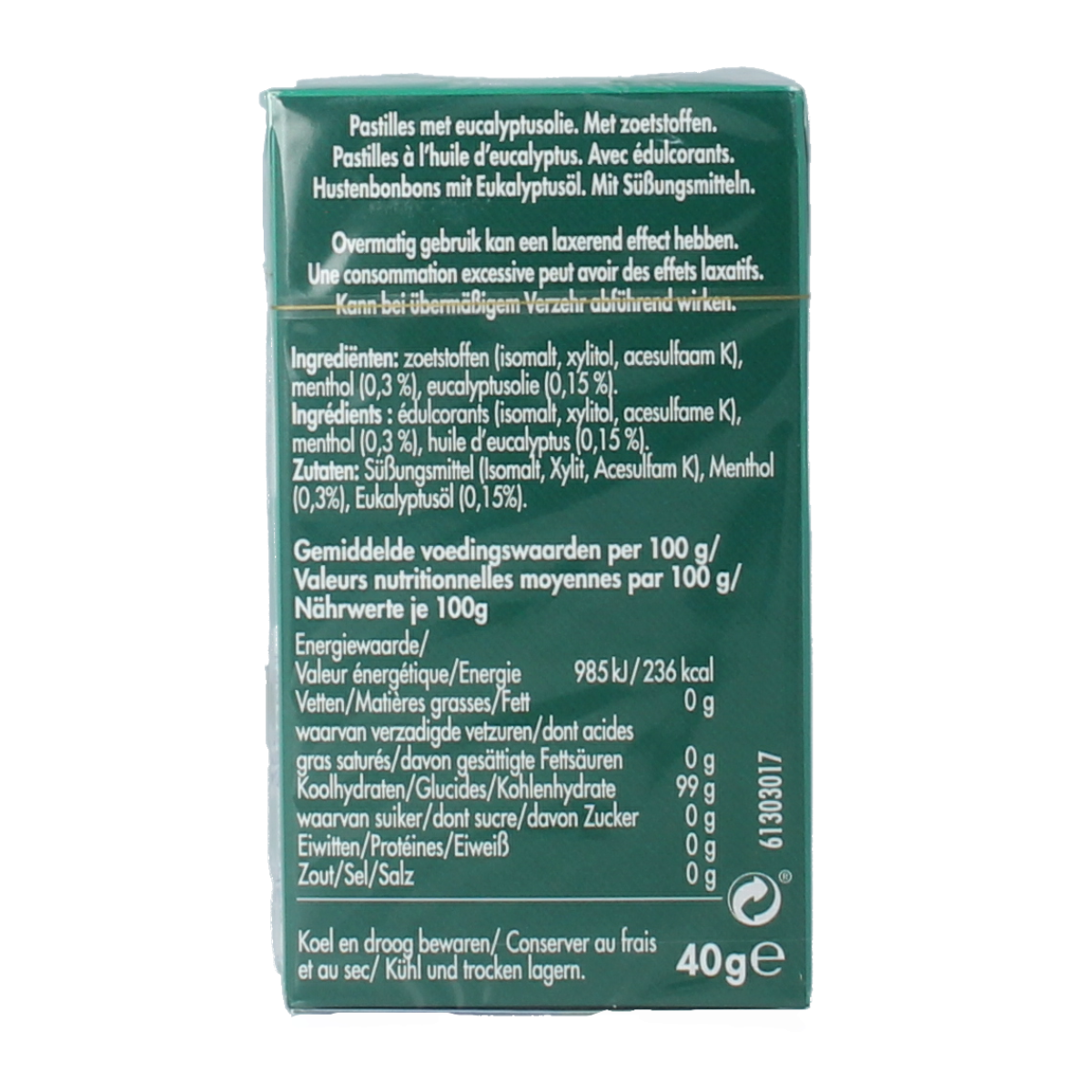 Vicks Ademvrij eucalyptus sugar-free candy, 40 grams, featuring natural eucalyptus flavor and bright packaging.