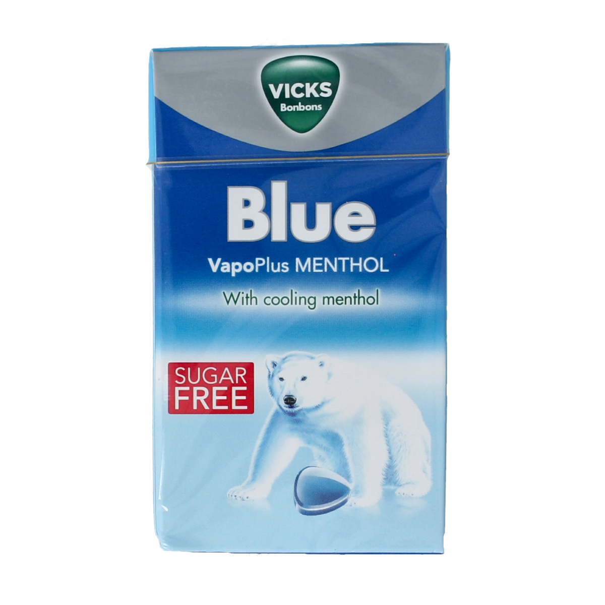 Vicks Blue menthol sugar-free candies in a 40g box, showing blue packaging and individual candies inside