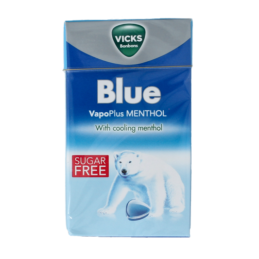 Vicks Blue menthol sugar-free candies in a 40g box, showing blue packaging and individual candies inside