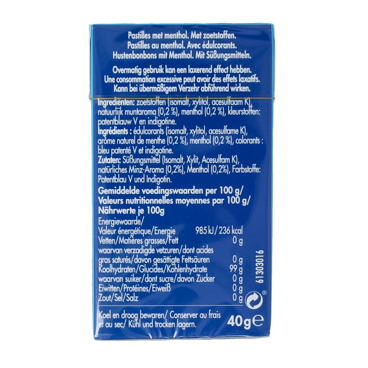 Vicks Blue menthol sugar-free candy box, 40 grams, featuring bright blue packaging and fresh mint flavor.