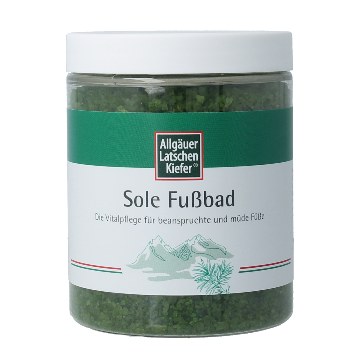 Allgauer Latshen Kiefer mineralen voetbad in 350g container, natural foot care product with mineral-rich ingredients.