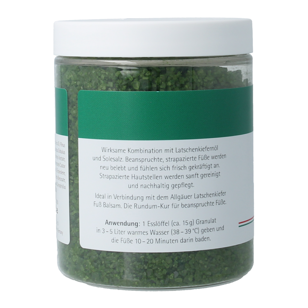 Allgauer Latshen Kiefer mineral foot bath with natural salts in a container, used for foot care and relaxation.