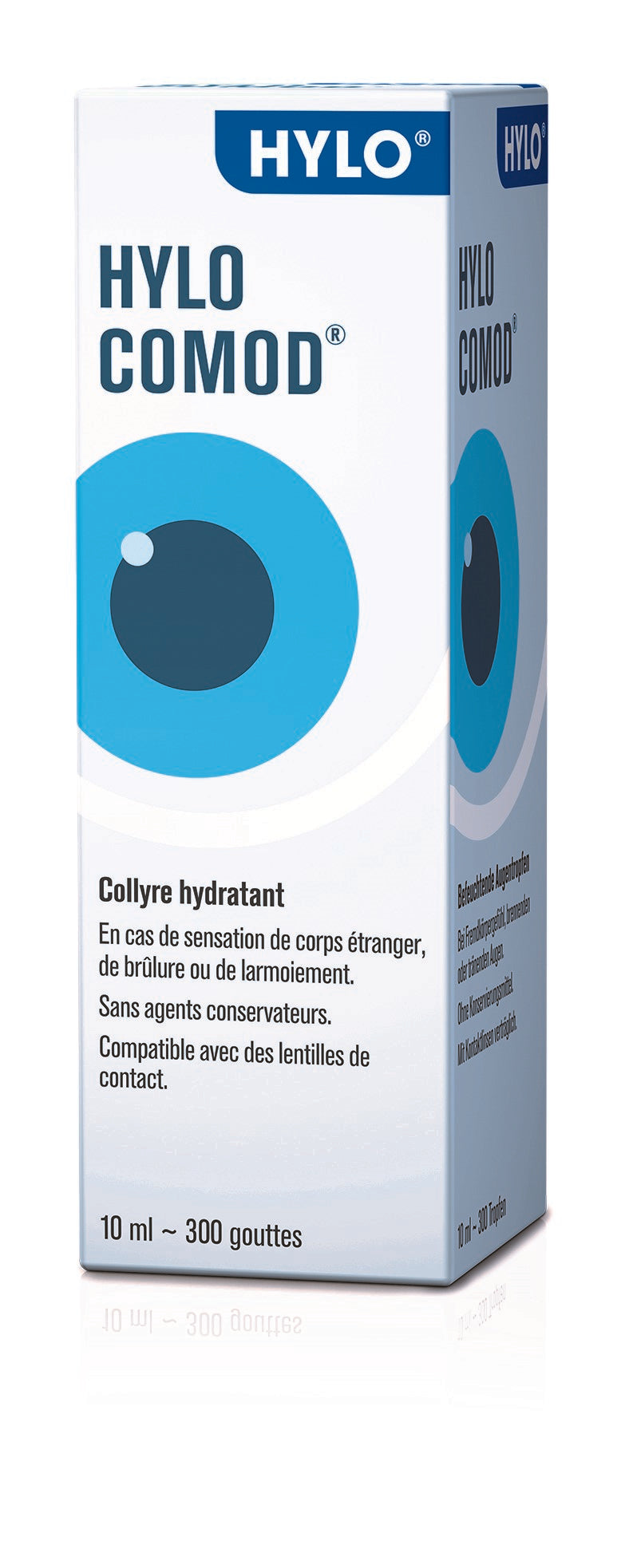 Hylo Comod eye drops in a 10ml bottle, eye care product from Hylo, designed for soothing and moisturizing the eyes.
