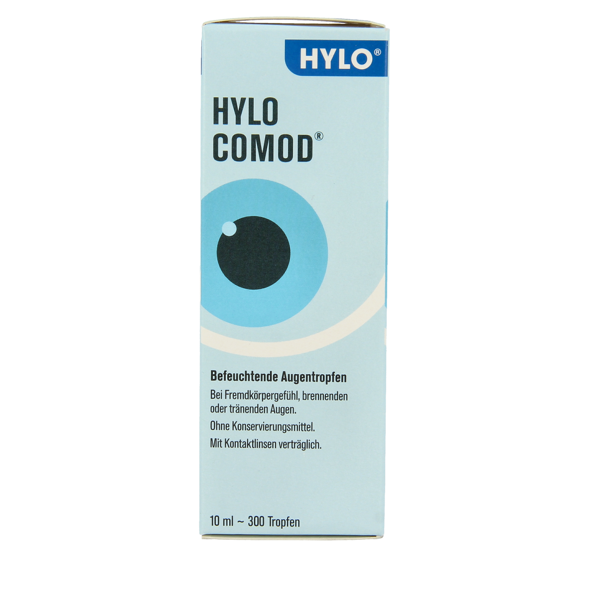 Hylo Comod eye drops in 10ml bottle, eye care product from Hylo showing the eye drop container on the packaging