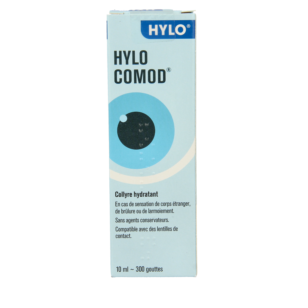 Hylo Comod eye drops in a 10ml bottle, eye care product by Hylo, with clear packaging and dropper applicator visible