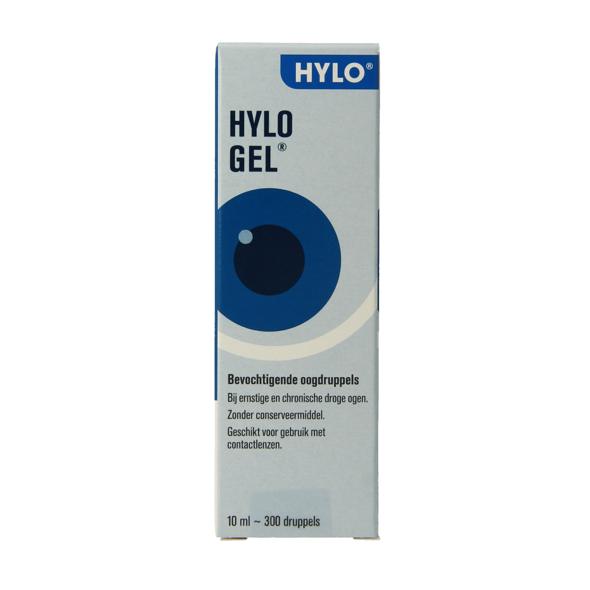 Hylo Hylo-gel eye drops in a 10ml bottle, designed for eye care and lubrication, with clear packaging and dropper applicator.