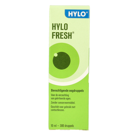 Hylo Fresh eye drops in a 10ml bottle, eye care product from Hylo for soothing and moisturizing dry or irritated eyes.