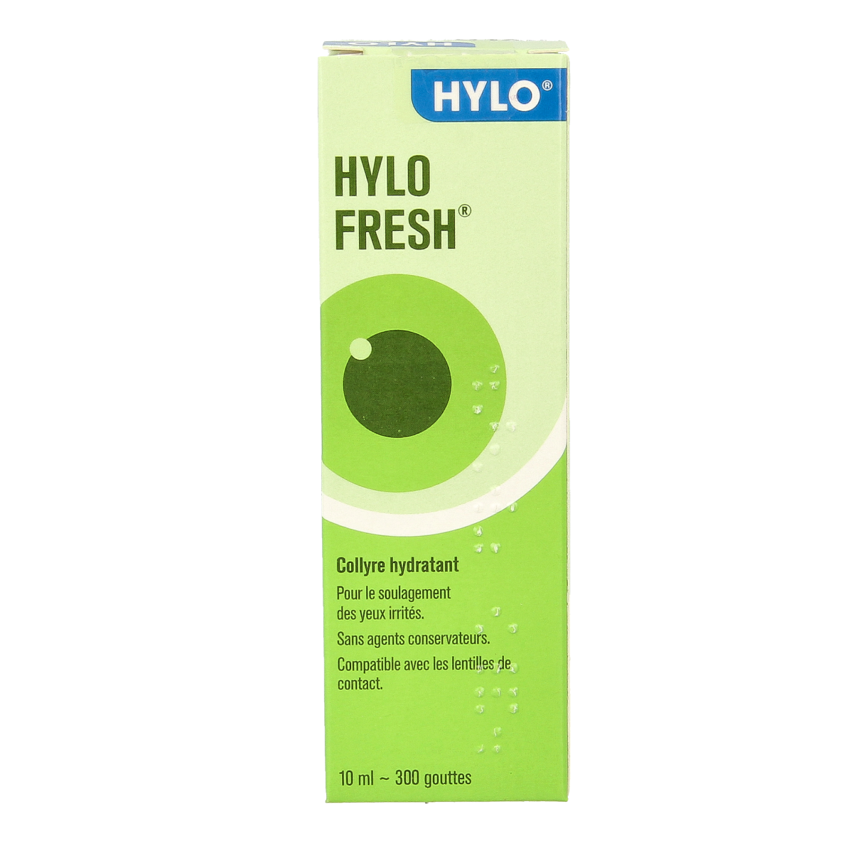 Hylo Fresh eye drops in 10ml bottle, eye care product with clear liquid, designed to soothe and hydrate the eyes.