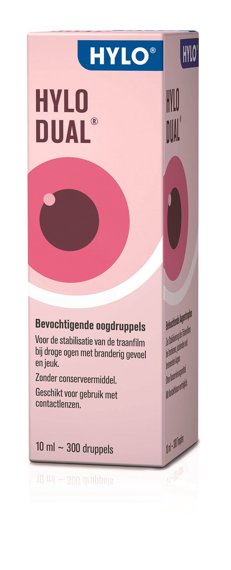 Hylo Dual eye drops in a 10ml bottle, designed for eye care, with a clear label and cap, for soothing eye hydration.