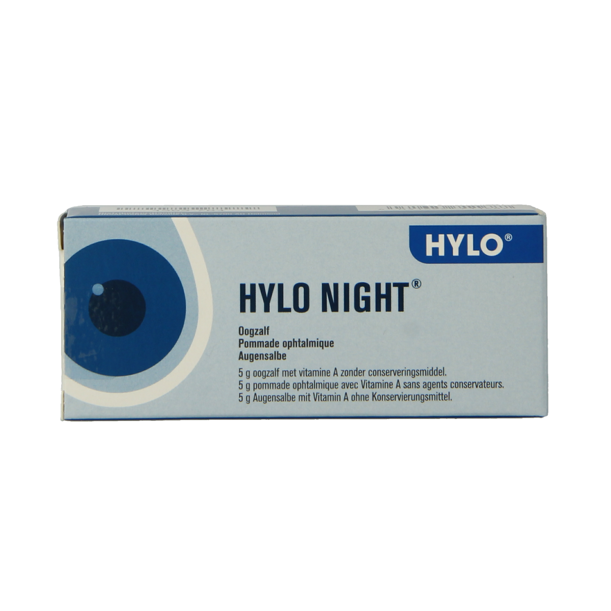 Hylo Oogzalf night eye ointment in 5g tube, eye care product by Hylo for soothing and nourishing eyes during sleep.