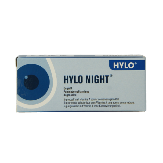 Hylo Oogzalf night eye ointment in 5g tube, eye care product by Hylo for soothing and nourishing eyes during sleep.