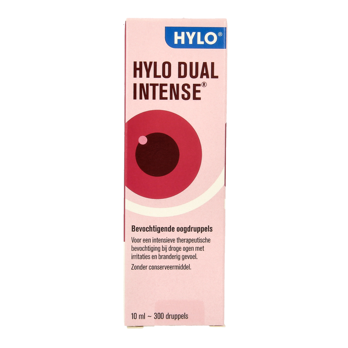 Hylo Dual intense eye drops in a 10ml bottle, designed for eye care and moisture relief by Hylo.