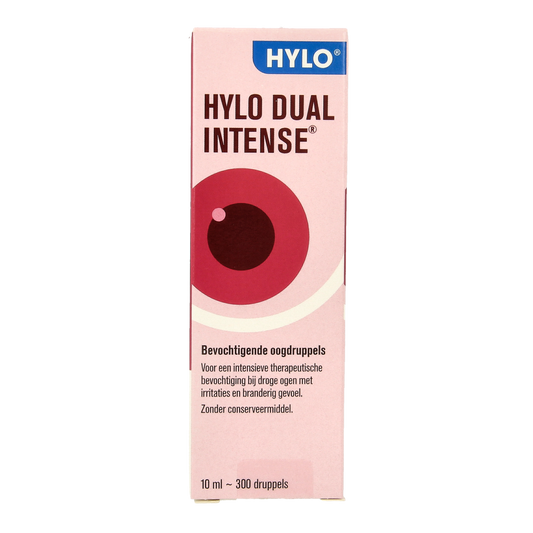 Hylo Dual intense eye drops in a 10ml bottle, designed for eye care and moisture relief by Hylo.