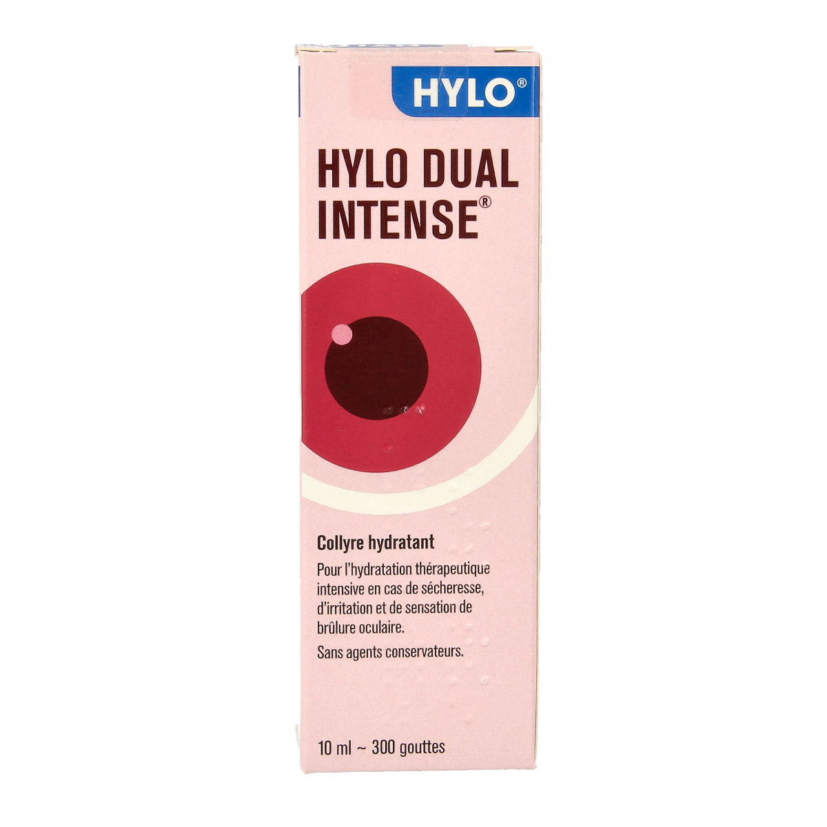 Hylo Dual intense eye drops in 10ml bottle, eye care product by Hylo for moisturizing and soothing dry or irritated eyes.