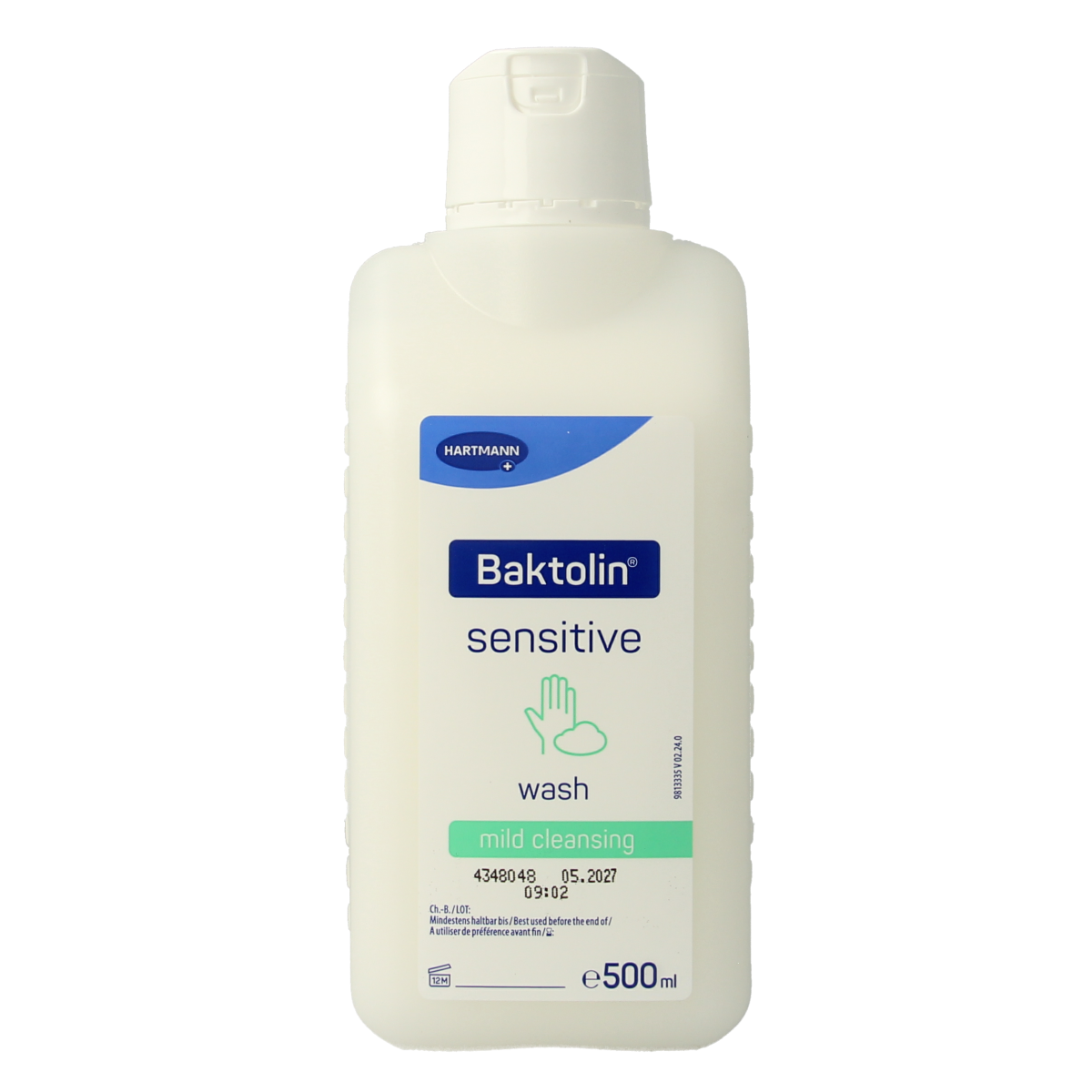Hartmann Baktolin Sensitive body care product in a 500ml bottle, gentle cleansing lotion for sensitive skin.