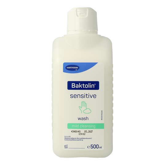 Hartmann Baktolin Sensitive body care product in a 500ml bottle, gentle cleansing lotion for sensitive skin.