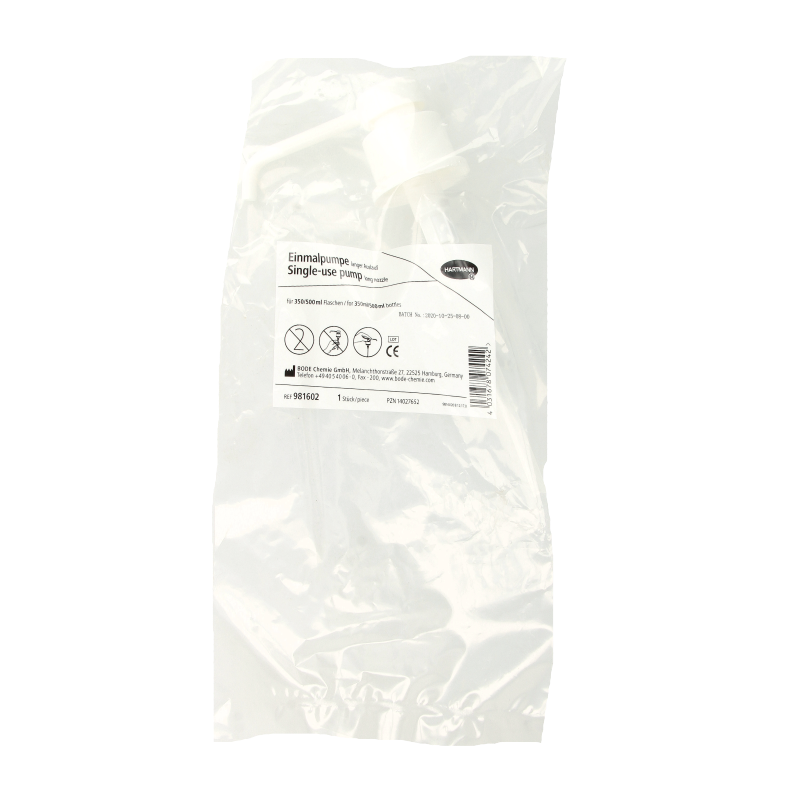 Bode Doseerpomp long 500mg verpakken, plastic dosing pump for precise medication delivery, displayed on packaging material.