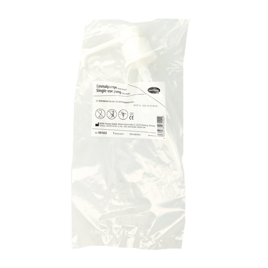 Bode Doseerpomp long 500mg verpakken, plastic dosing pump for precise medication delivery, displayed on packaging material.