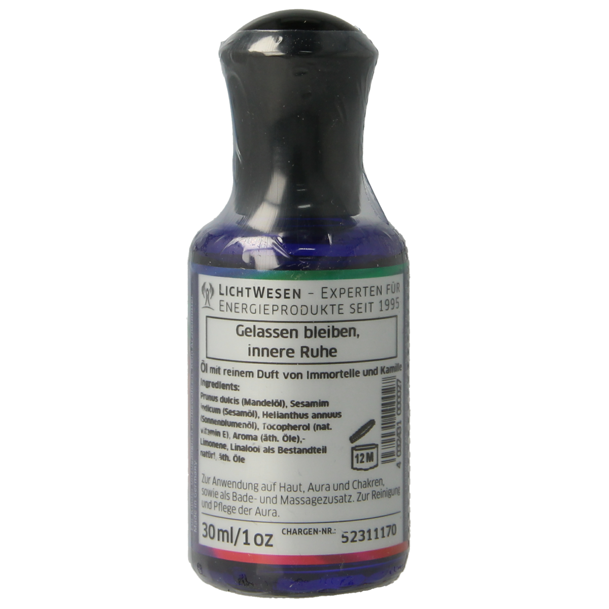 Lichtwesen Lao Tse olie 30ml bottle, spiritual essential oil with natural ingredients, displayed in a clear glass container.