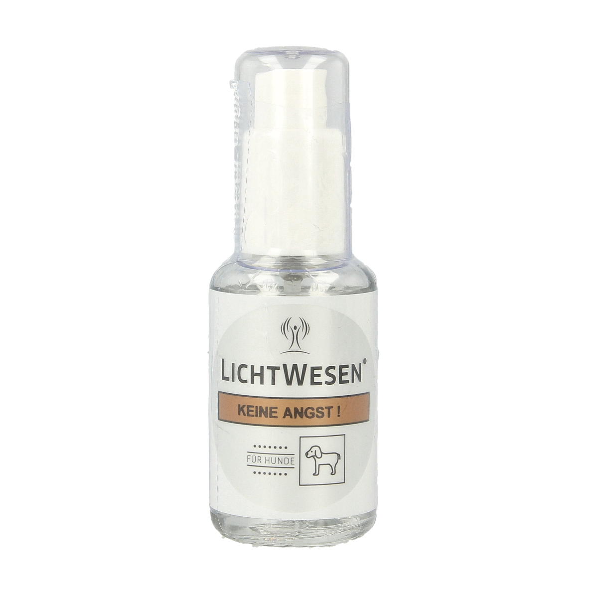 Lichtwesen Geen angst hond, 30ml, animal care product designed to reduce anxiety in dogs, shown in a clear bottle.