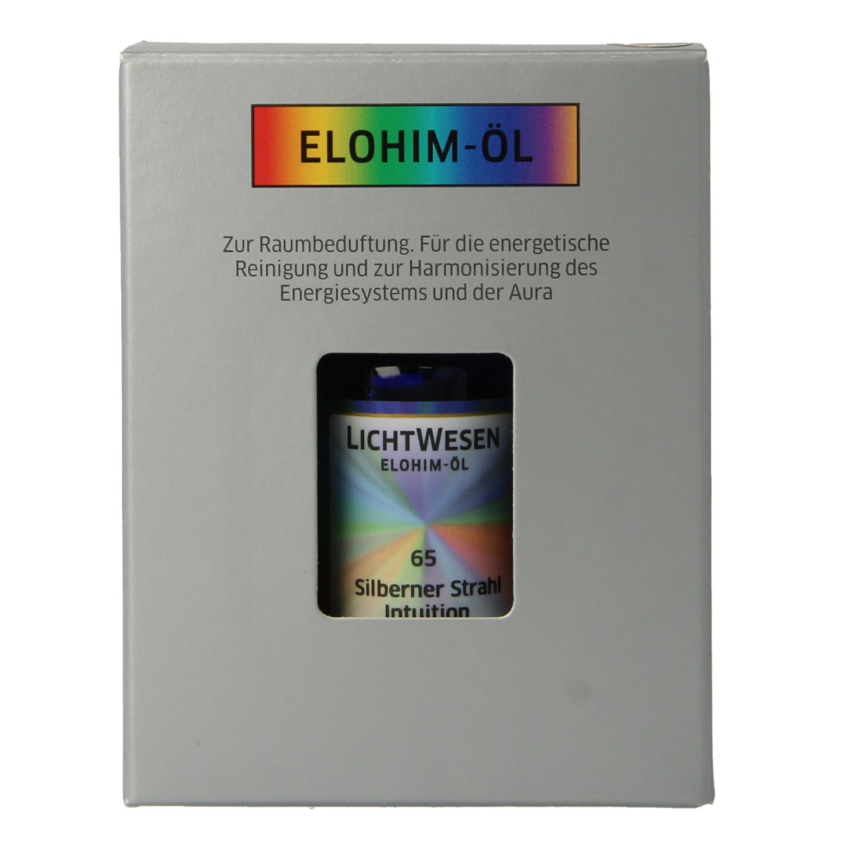 Lichtwesen Elohim olie zilver 65 spiritual essence bottle, 10 ml, with silver-colored cap and label, used for spiritual practices.