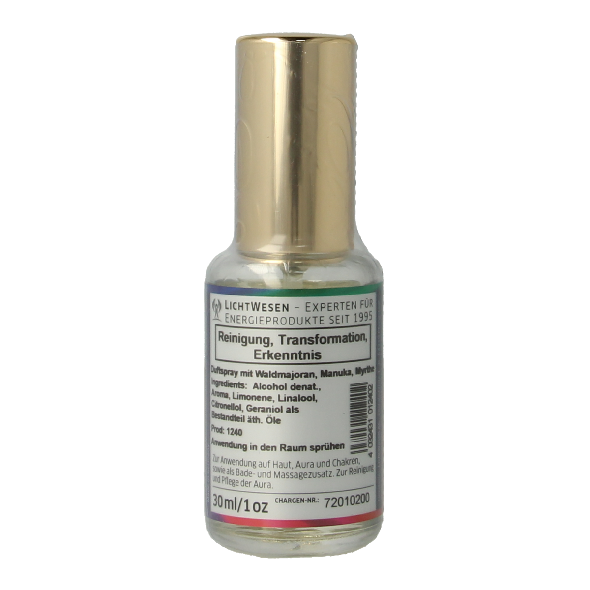 Lichtwesen Kersttijd geurspray 30ml, spiritualiteit scent bottle with festive holiday design and branding.