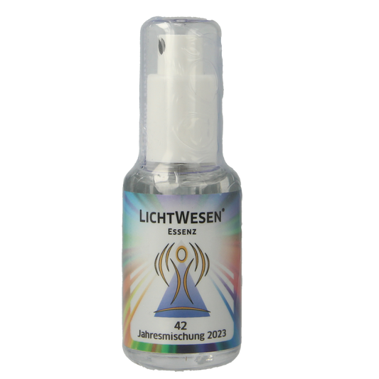 Lichtwesen Jaarmix 2023 tinctuur in 30ml bottle, spiritual supplement with colorful label and dropper cap.