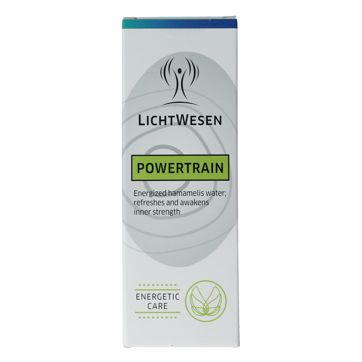 Lichtwesen Powertrain energiespray 100ml in a clear spray bottle, used for spiritual energies and wellness practices.