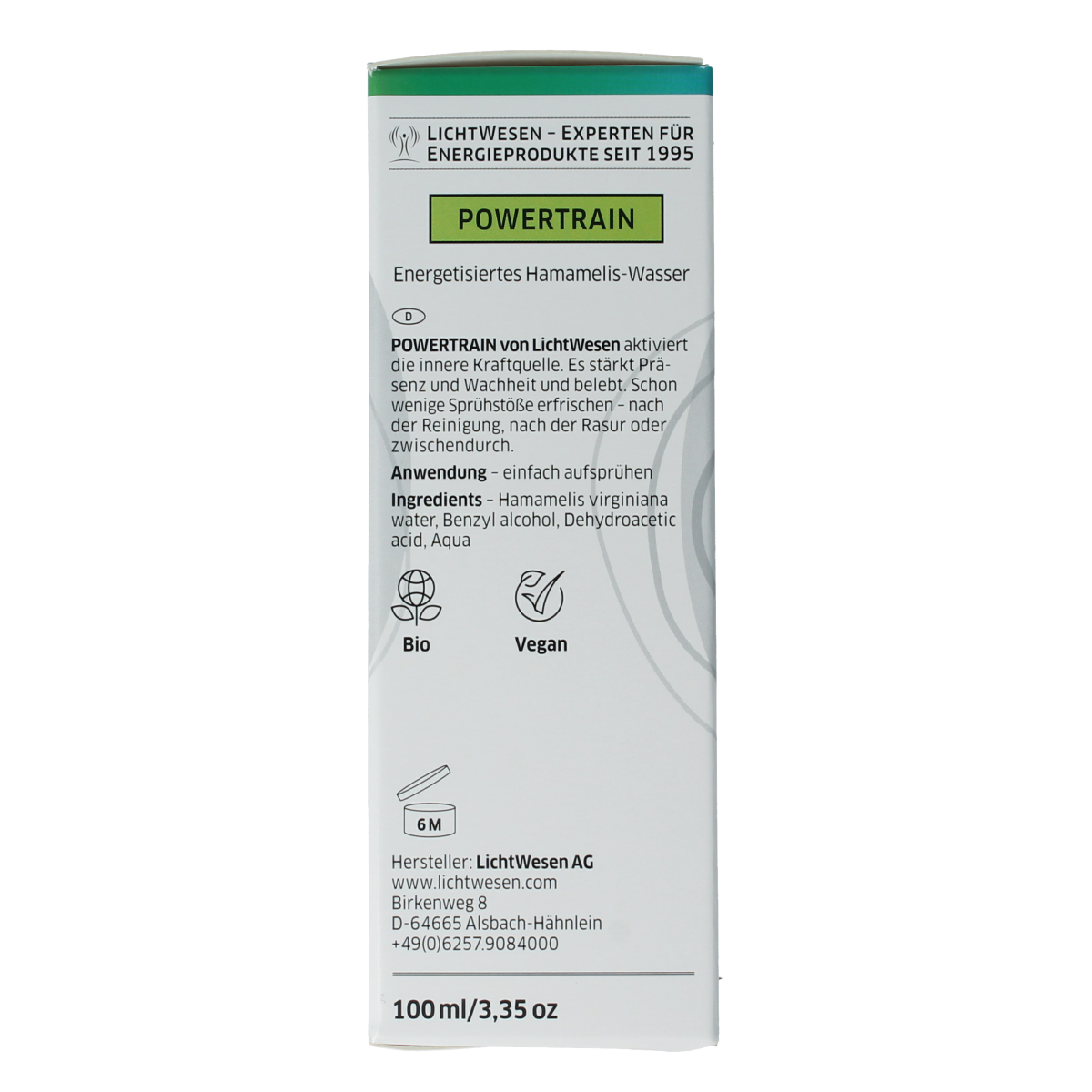 Lichtwesen Powertrain energiespray bottle, 100ml, featuring spiritual symbolism and branding on the label.