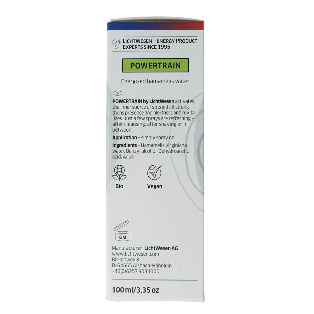 Lichtwesen Powertrain energiespray in 100ml bottle, spiritual wellness product with a vibrant label and natural spray nozzle.
