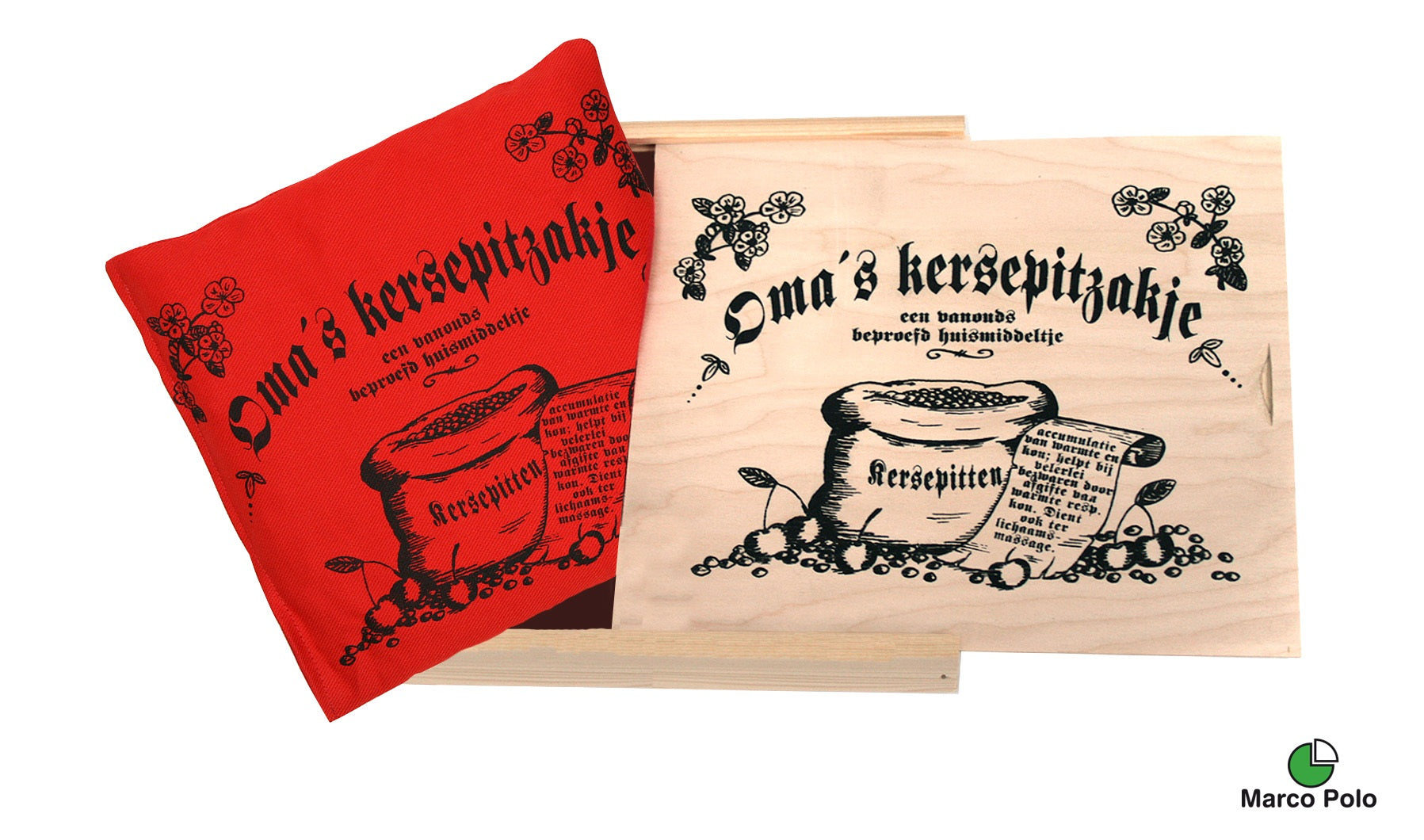Marco Polo Kersenpitkussen kruiken in a wooden box, 1 piece, traditional Dutch cherry pit pillow for comfort and warmth.