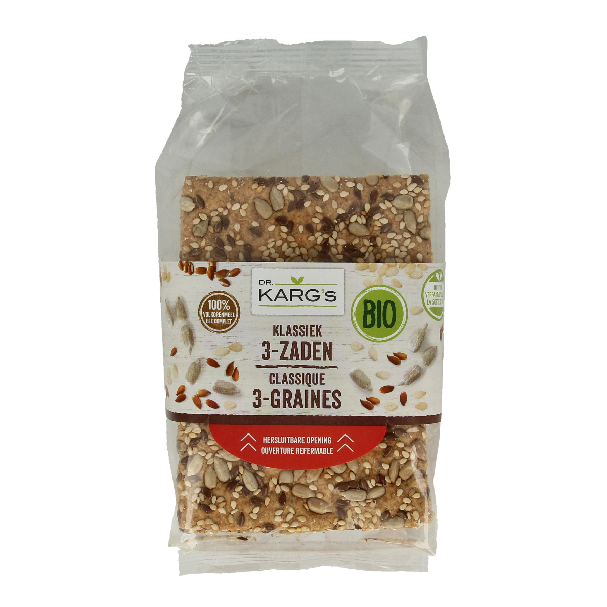 Dr. Karg's Klassiek 3 zaden bio bread and crackers, 200g, featuring seed toppings on a sliced bread with a rustic appearance.