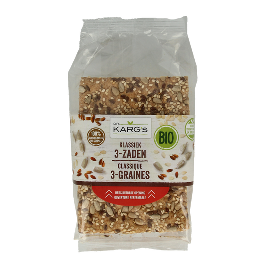 Dr. Karg's Klassiek 3 zaden bio bread and crackers, 200g, featuring seed toppings on a sliced bread with a rustic appearance.