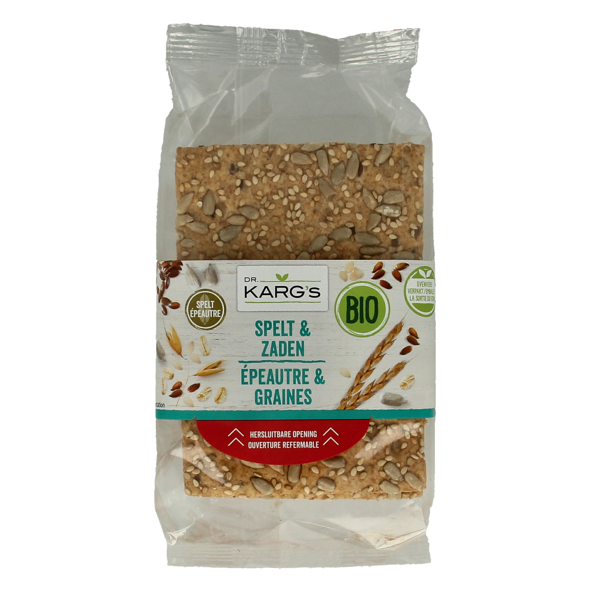 Whole grain spelt bread with seeds from Dr. Karg's, showcasing a fresh, crusty loaf with visible seed toppings and a rustic appearance.