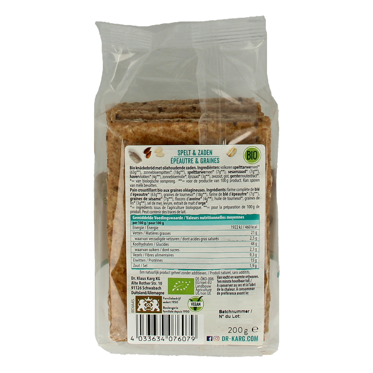 Dr. Karg's bio spelt bread with seeds, 200g, featuring whole grain and seed topping in a clear loaf image.