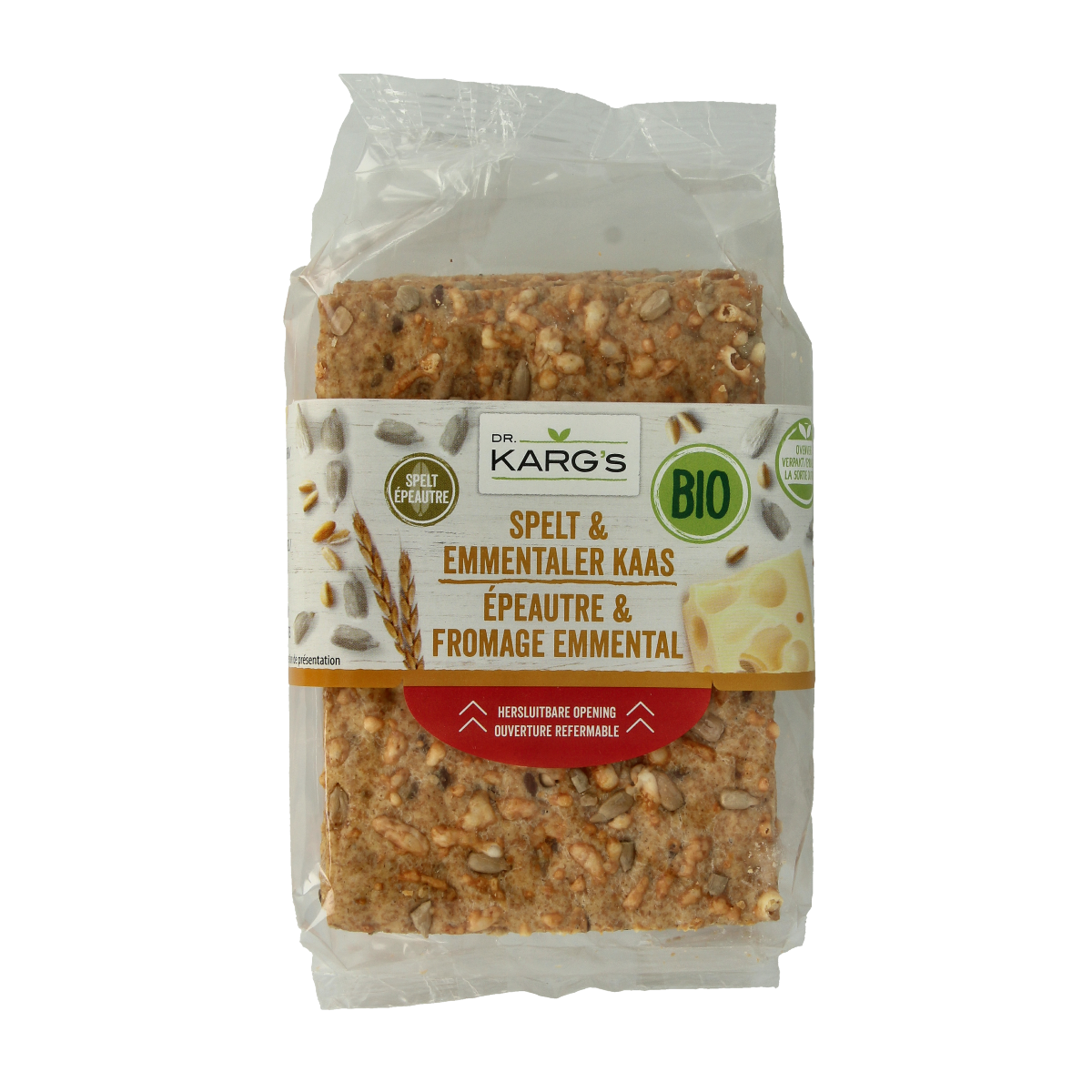 Dr. Karg's spelt bread with Emmental cheese, organic, 200g, in a package showing the bread slices and cheese filling.