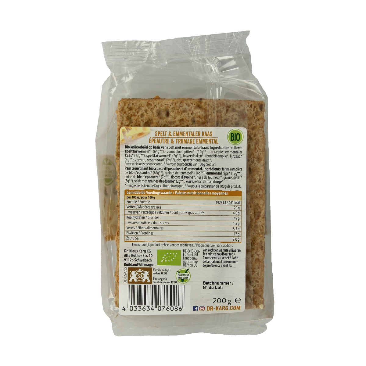 Dr. Karg's spelt bread with Emmental cheese, organic, 200g, sliced bread product for sandwiches or snacks.