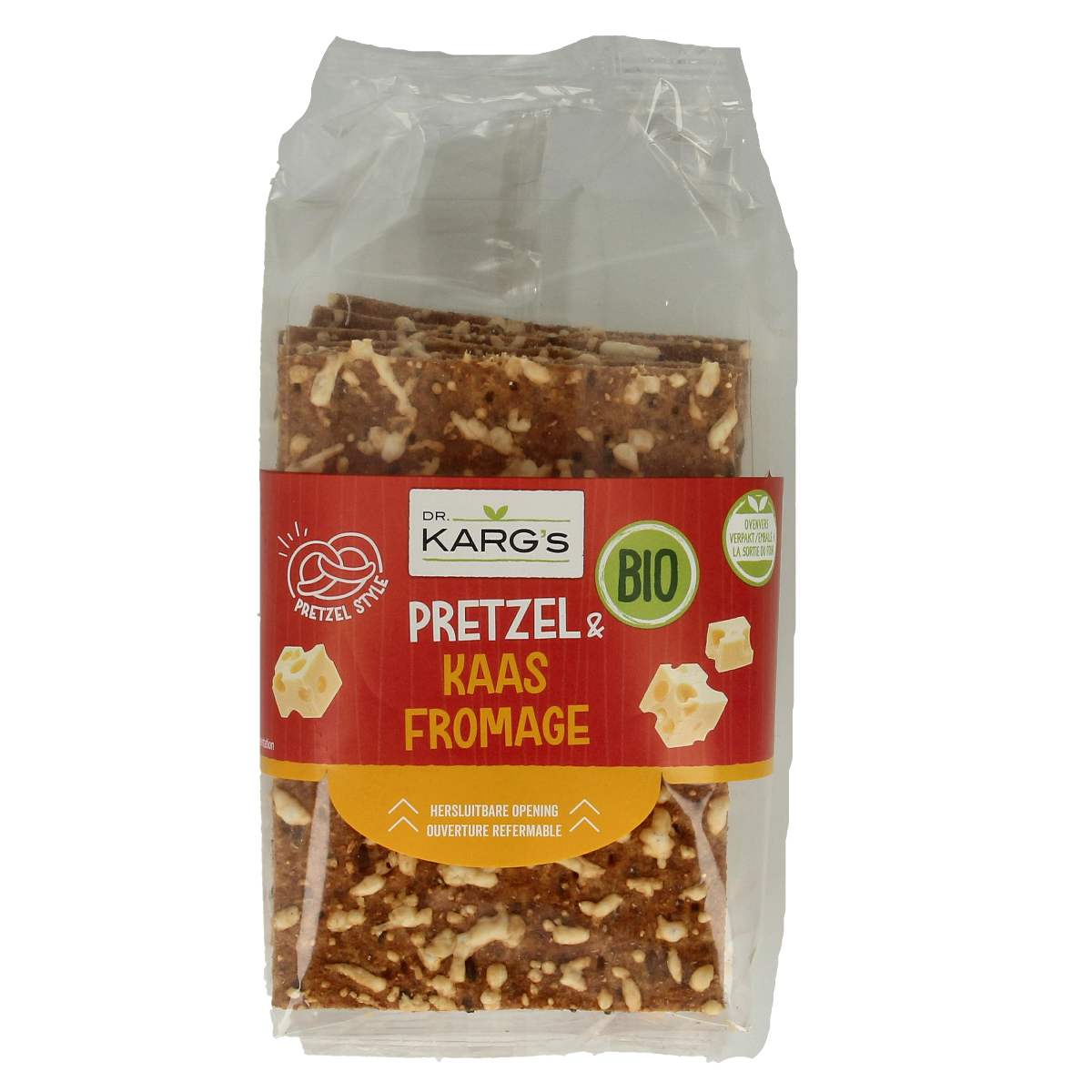 Dr. Karg's bio pretzel crackers with cheese, 160g, showing golden baked crackers with cheese flavor on the surface.