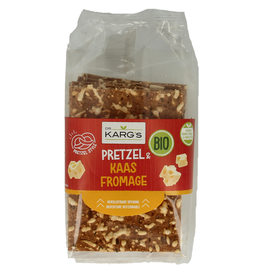 Dr. Karg's bio pretzel crackers with cheese, 160g, showing golden baked crackers with cheese flavor on the surface.