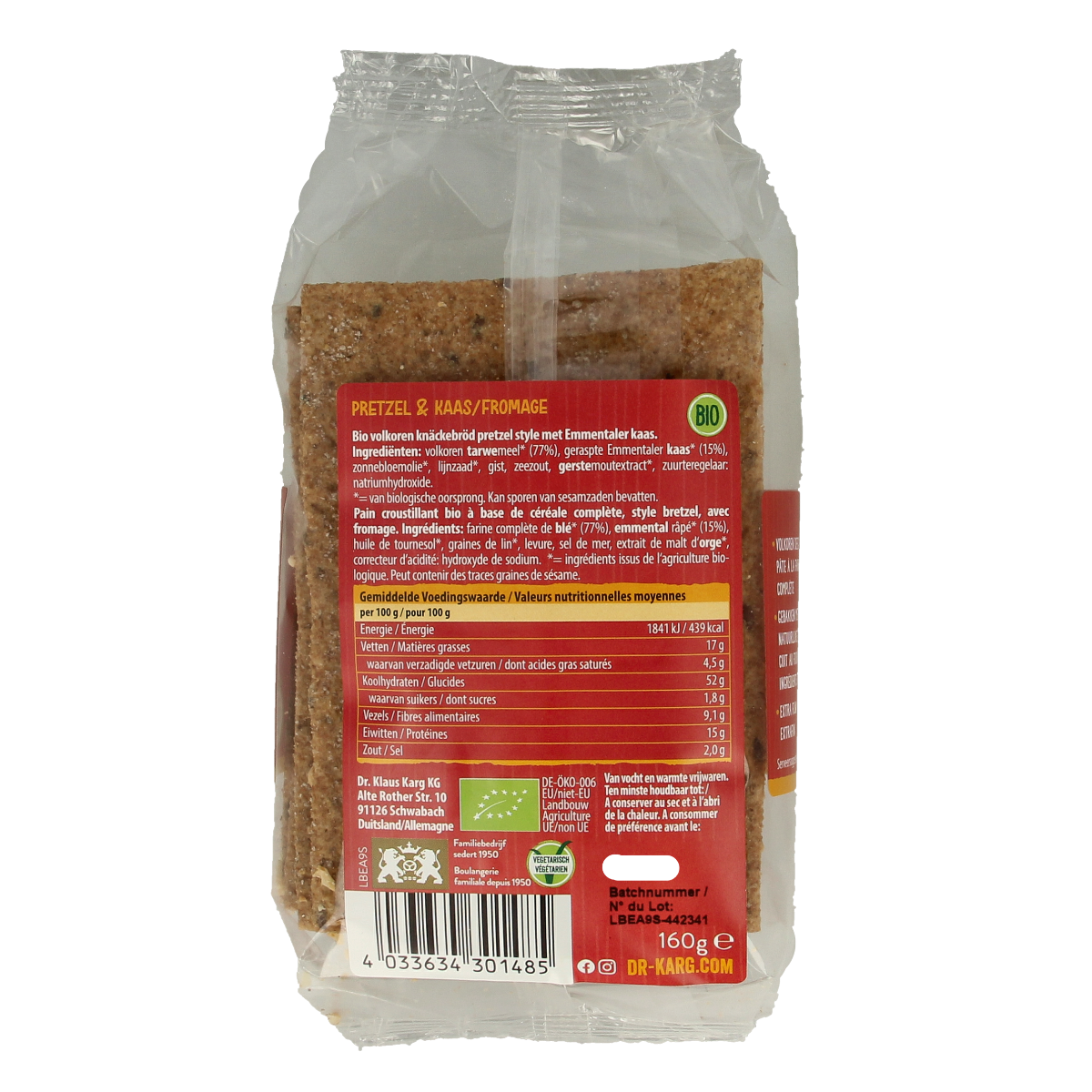 Dr. Karg's Crackers pretzel kaas bio, 160g, crispy whole grain crackers with cheese flavor, natural and organic snack.