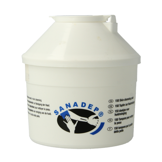 Microtek Sanadep 0.5% disinfectant swabs, 150 pieces, suitable for cleaning and sanitizing surfaces.