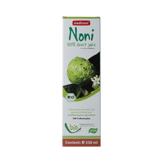 Medicura Noni 100% sap bio in 330ml bottle, organic noni juice from Medicura, natural health drink with rich fruit flavor.