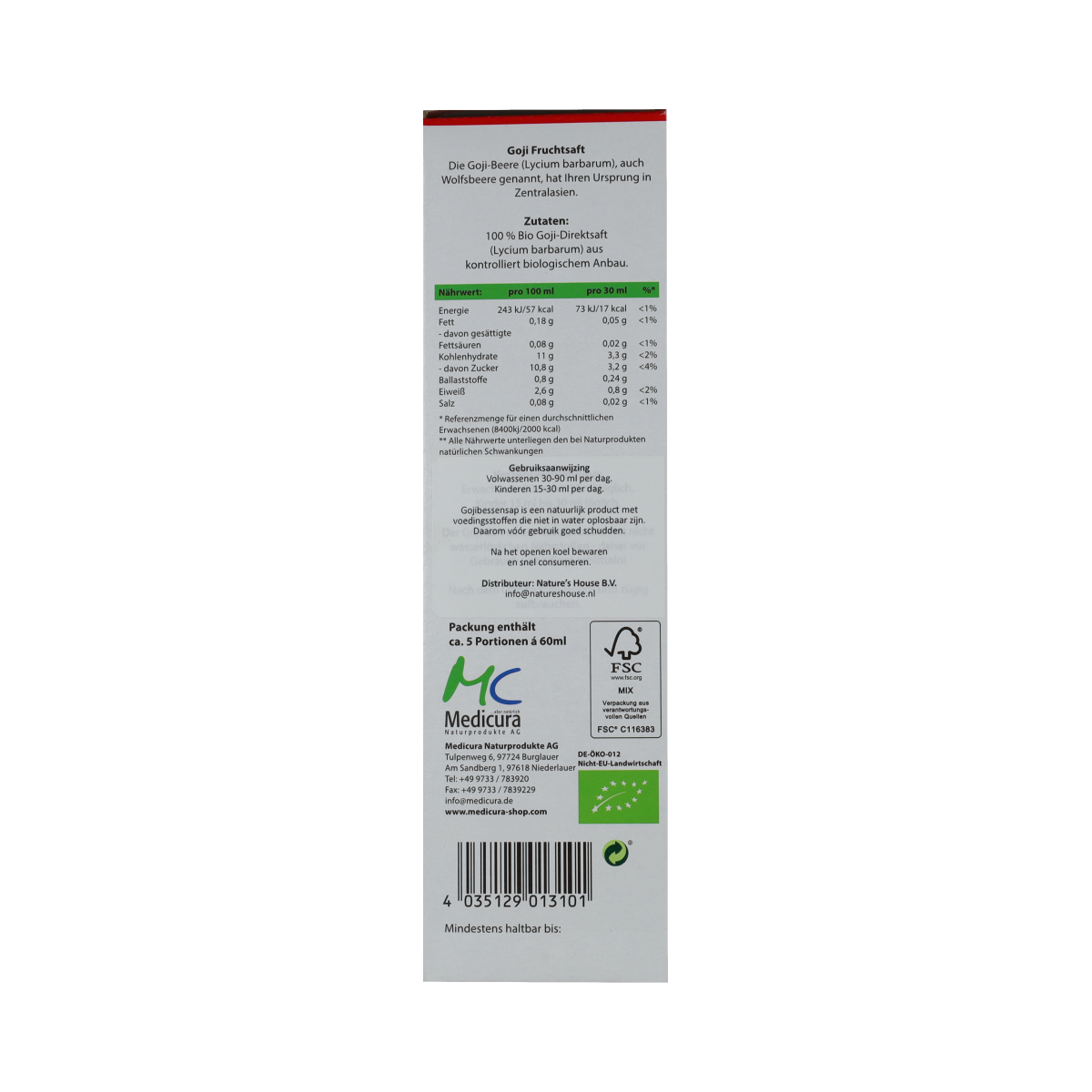 Medicura Goji 100% sap in a 330ml bottle, natural bio juice, fresh and vibrant for healthy drinking.