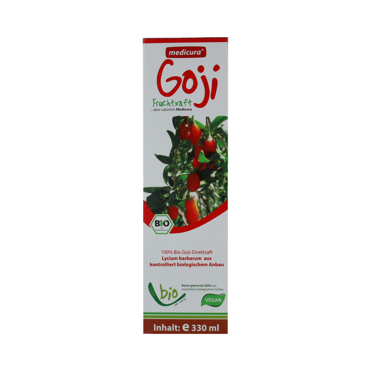 Medicura Goji 100% bio sap in 330ml bottle, natural juice from organic goji berries, for healthy drinks and wellness.