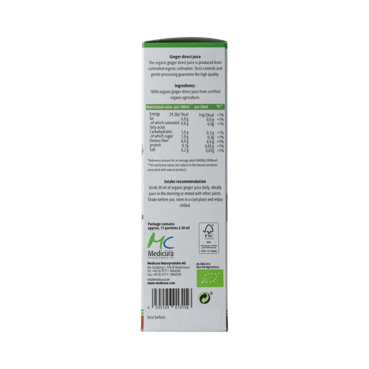 Medicura Gember 100% sap Bio 330.00 Milliliter