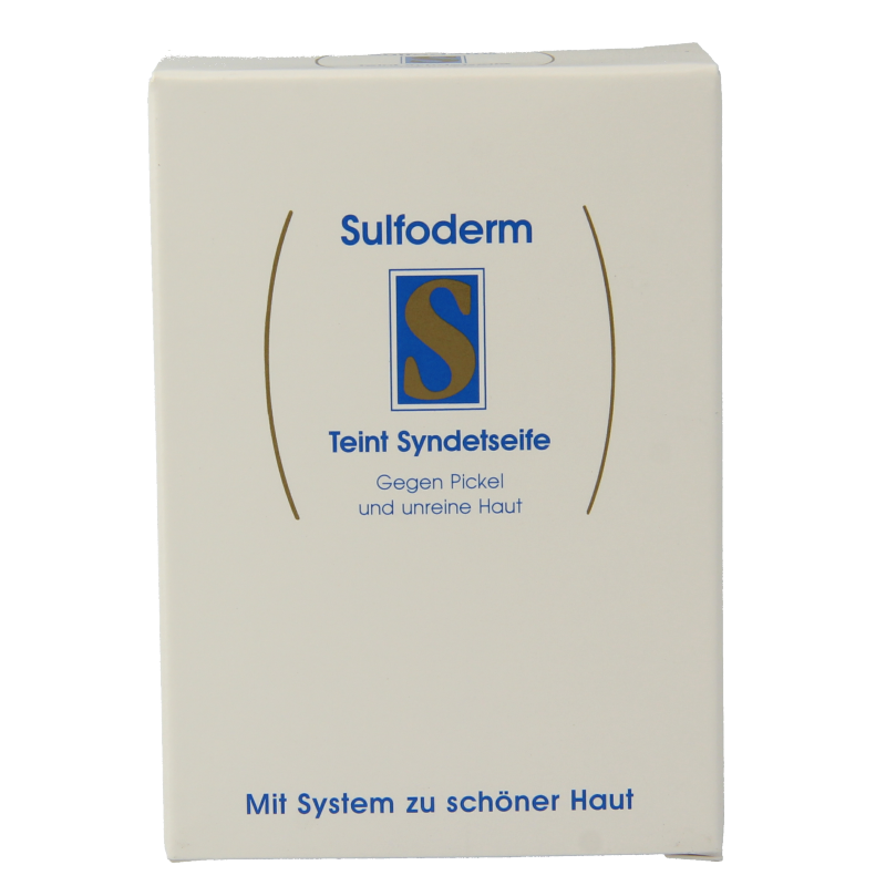 Sulfoderm S teint syndet soap 100g bar with smooth, white soap surface and packaging showing Sulfoderm branding.