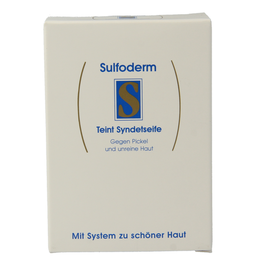 Sulfoderm S teint syndet soap 100g bar with smooth, white soap surface and packaging showing Sulfoderm branding.